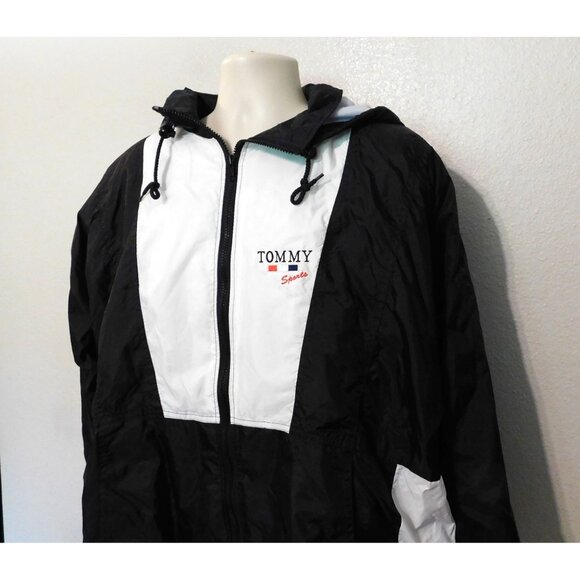 Tommy Sports Logo Windbreaker Jacket Mens XL Black White Removable Hood Lined - Picture 2 of 7